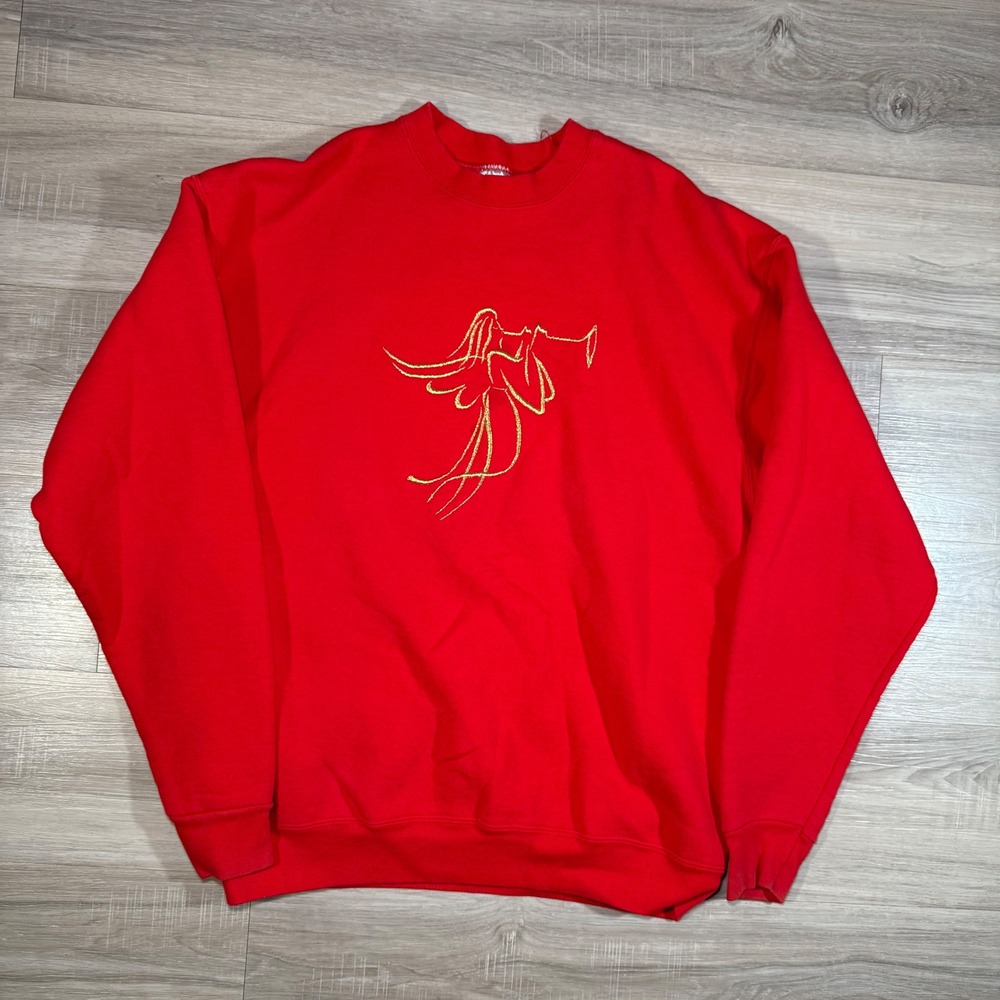 Vintage 90s Fruit Of‎ The Loom Sweatshirt XL Red Angel Graphic Christmas Holiday